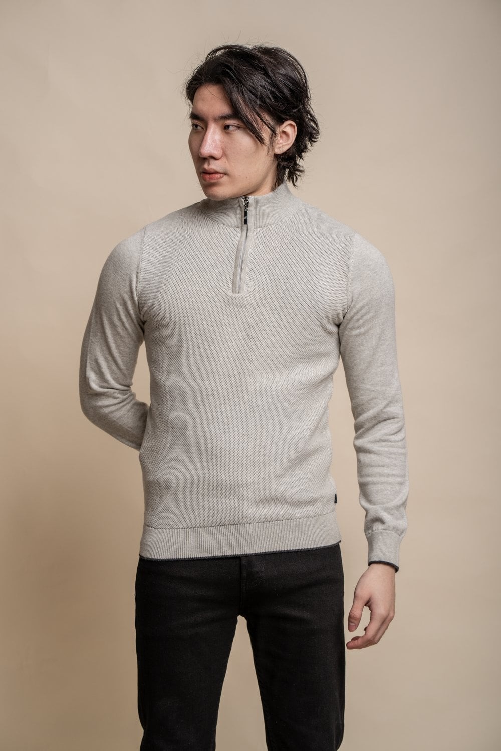 Men's Half Zip Knit Cotton Pullover - KYLE - Gray
