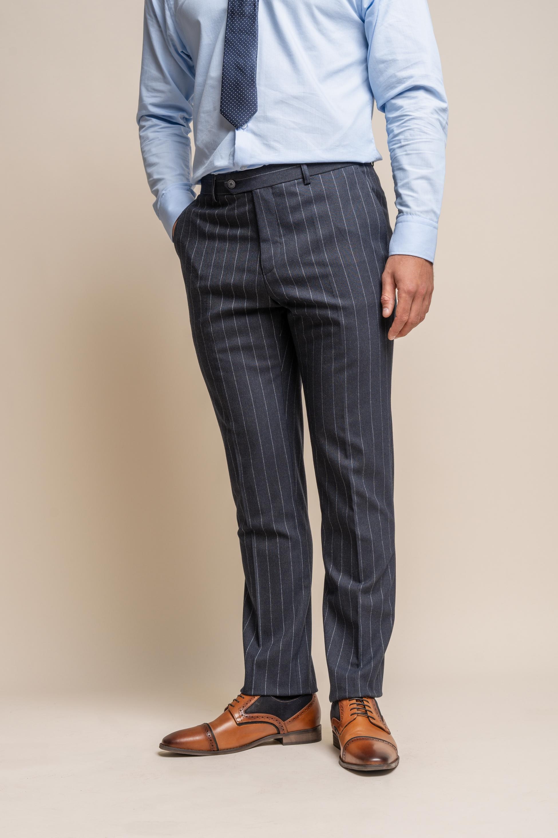 Men's Pinstripe Slim Fit Navy Blue Formal Pants- Invincible