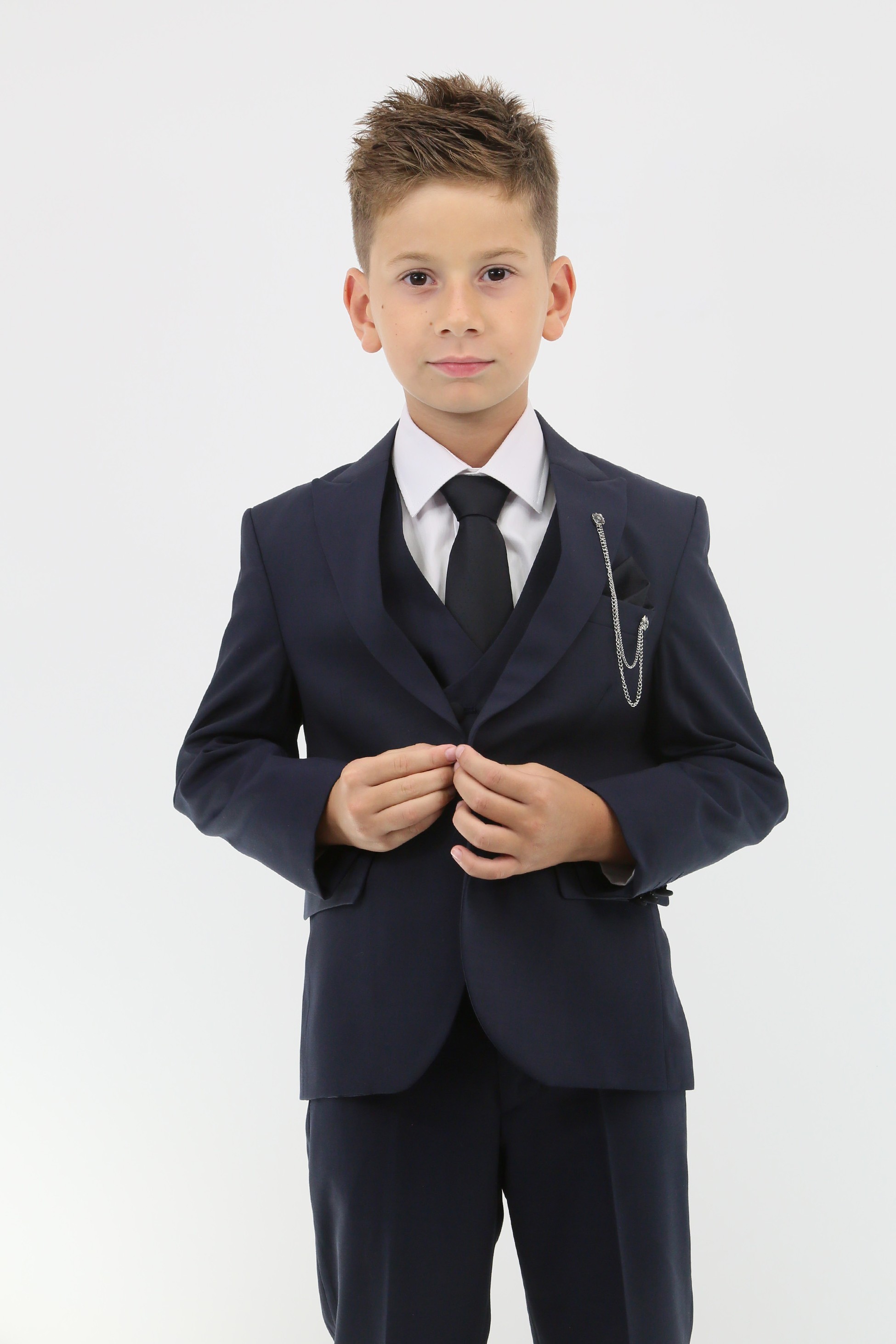 Boys Suit with Double Breasted Vest 7 PC Set - Navy Blue