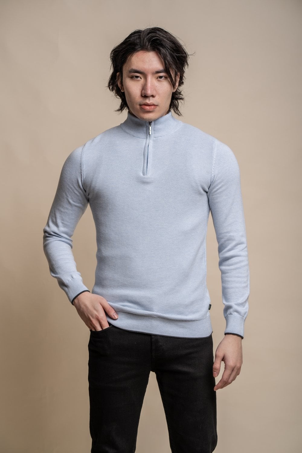 Pull en tricot de coton à demi-zip pour hommes - KYLE - Marlin bleu