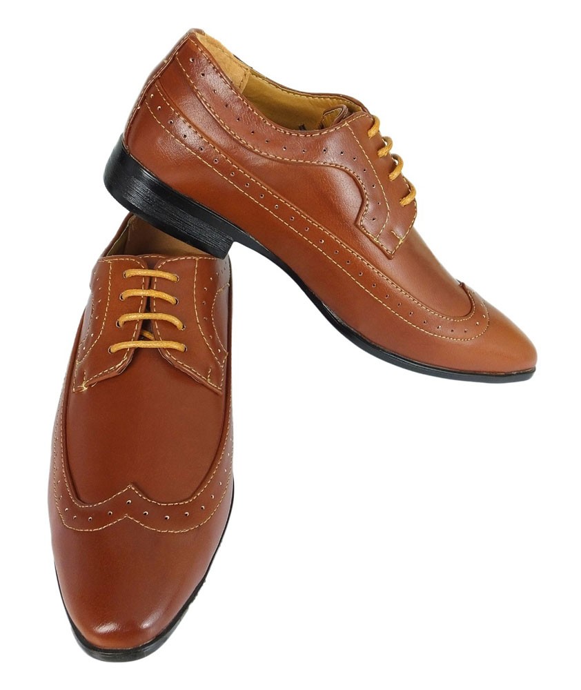 Boys Lace Up Wingtip Brogue Shoes - Tan Brown