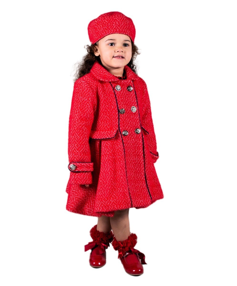 Girls Tweed Effect Double Breasted Midi Coat Set - Red