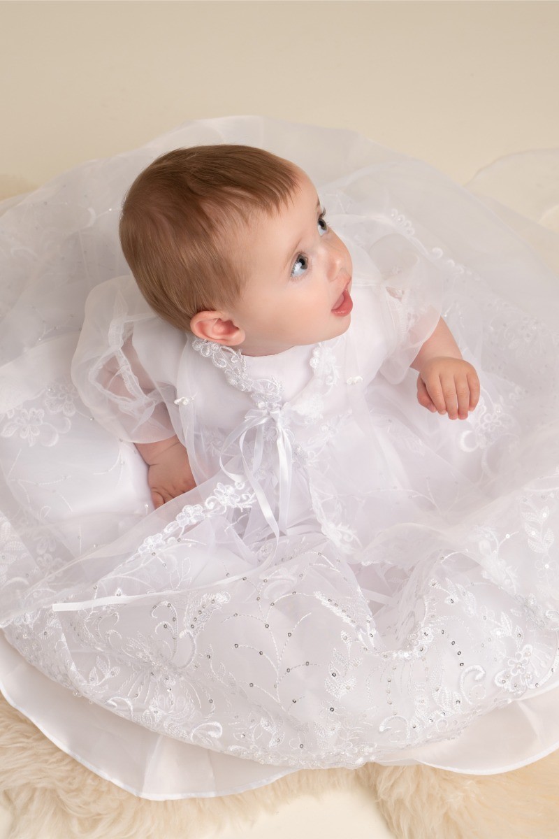 3-teiliges Taufkleid-Set für Baby-Mädchen mit besticktem Taufkleid und Mütze