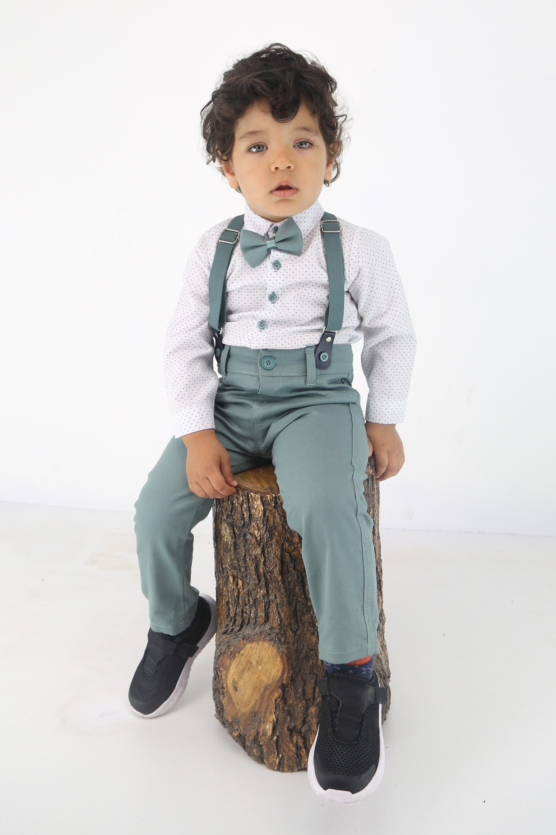 Baby Jungen Gentleman Outfit - 4-teiliges Hosenträger-Anzug-Set - BIRD - Grün