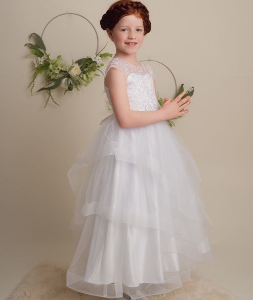 Girls White Layered Tulle Dress with Corset Back - TERRESA