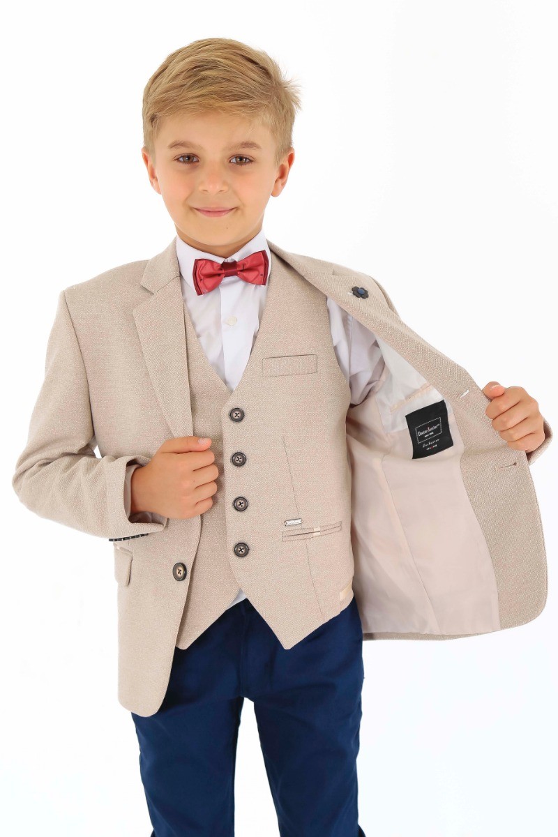 Jungen Baumwolle Slim-Fit Sakko und Westen Set - Frank - Beige