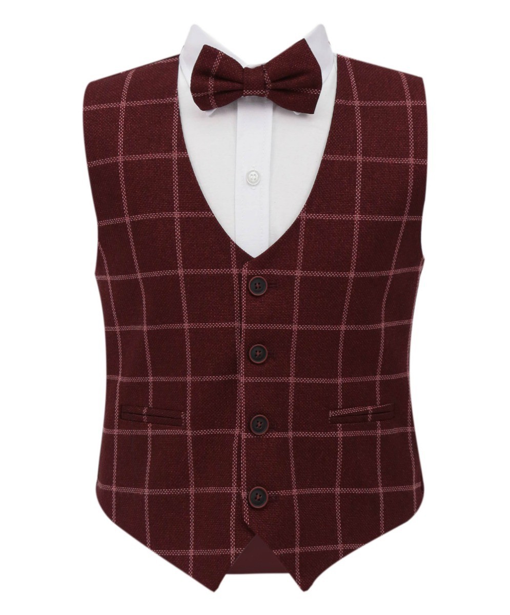 Boys Tweed Check Cotton Vest Set - Maroon - Burgundy