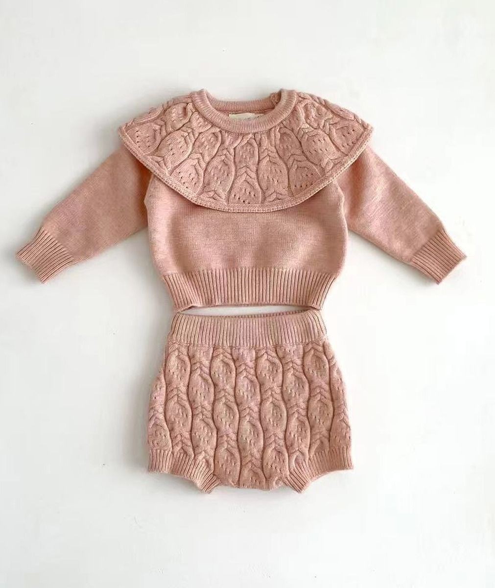 Baby-Mädchen Rosa Strickpullover & Shorts Set - 8483