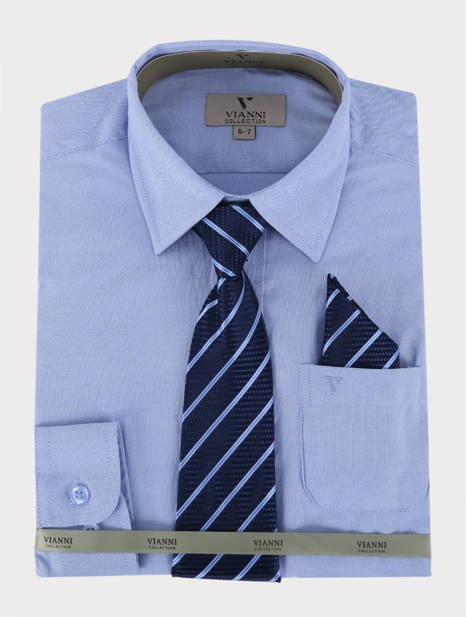 Boys Cotton Blend Long Sleeve Shirt, Tie & Hanky Set - Blue - Patterned Tie