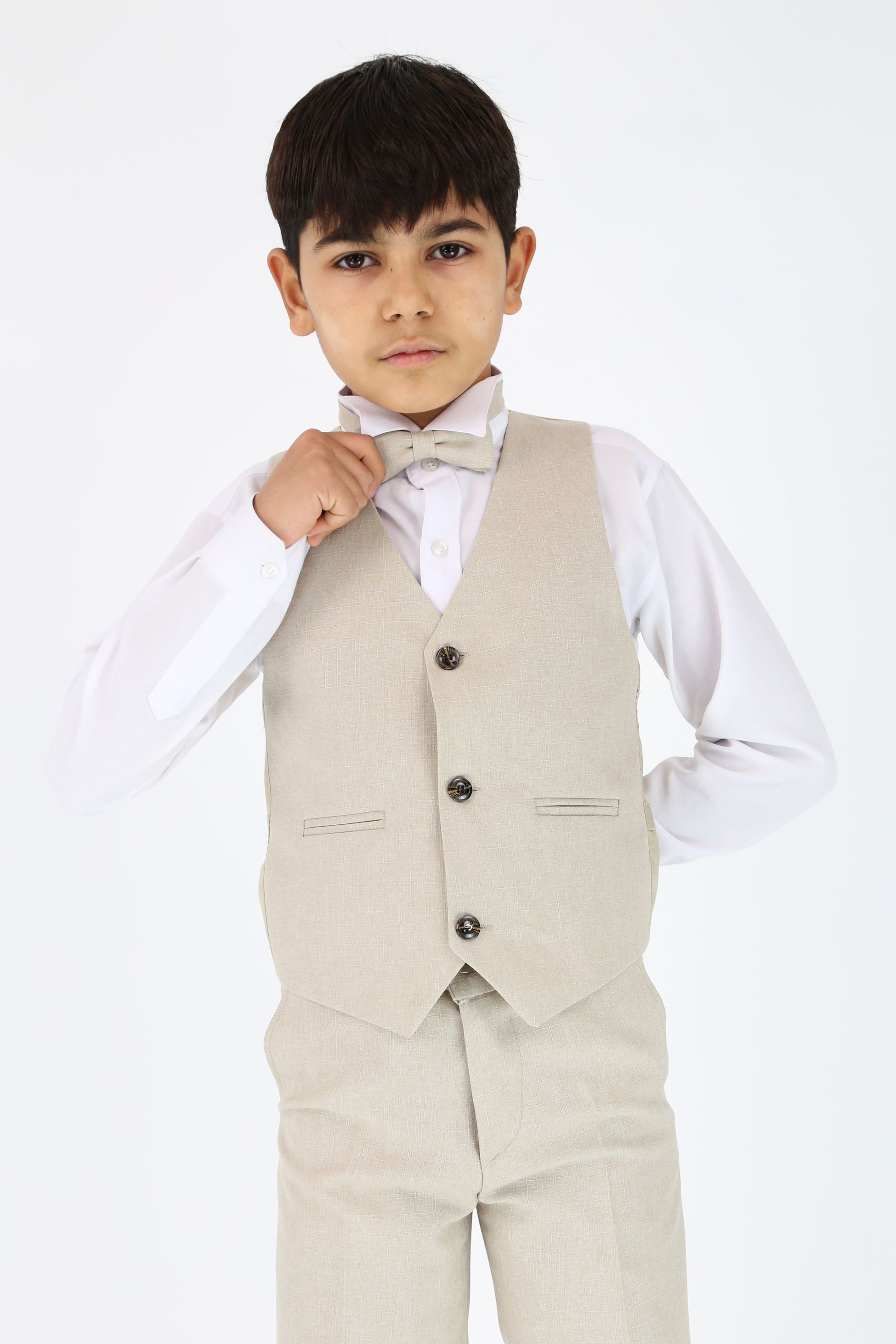 Boys Slim Fit Textured 6-Piece Formal Suit Set - Beige