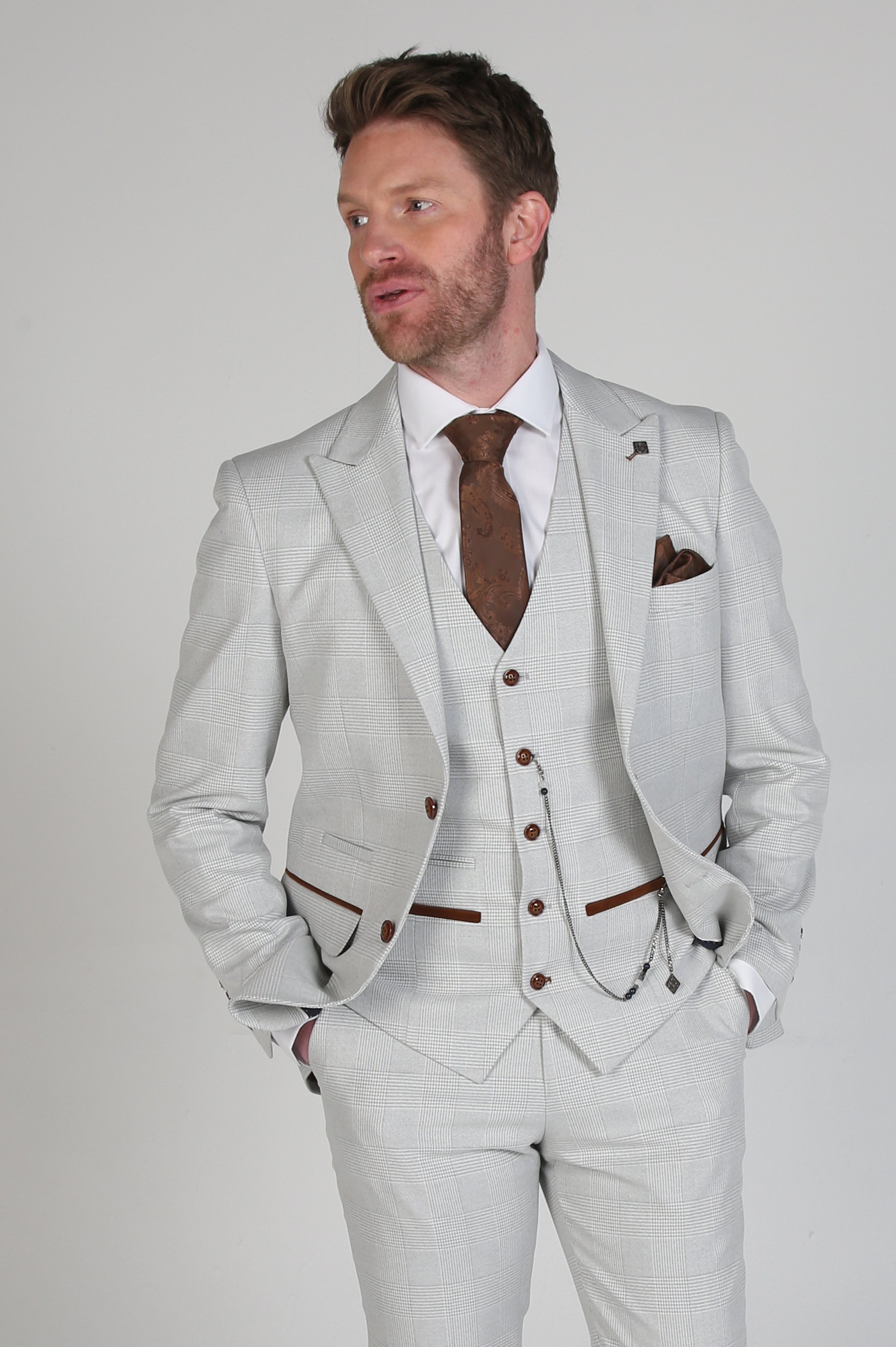 Men's Stone Grey Herringbone Check Tailored Fit Suit - MARK STONE