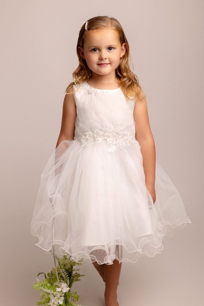 Girls Ivory Floral Appliques Tulle Dress - Monica