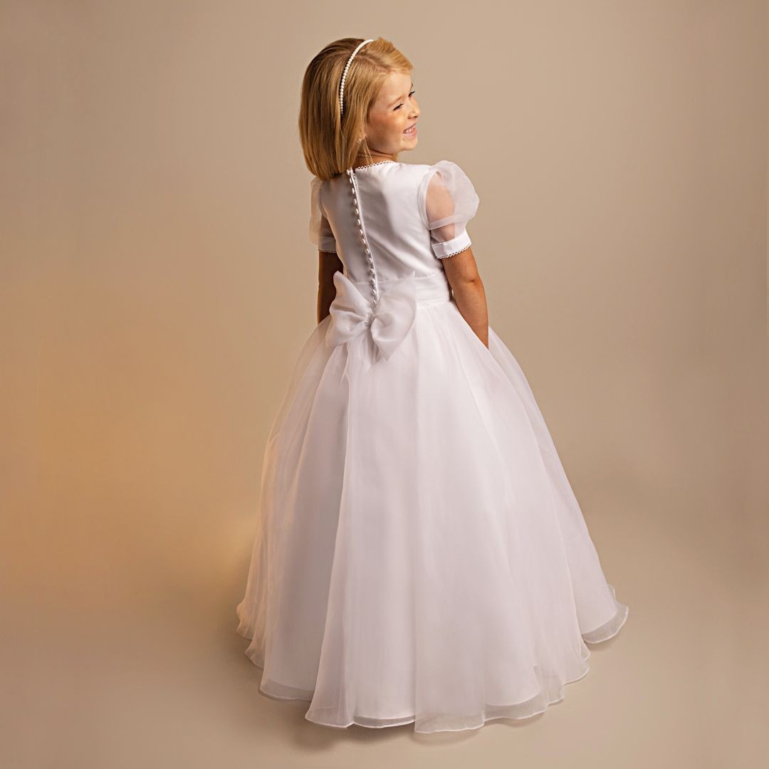 Robe de communion pour filles en tulle avec jupe et manches bouffantes blanches avec nœud - Maryam