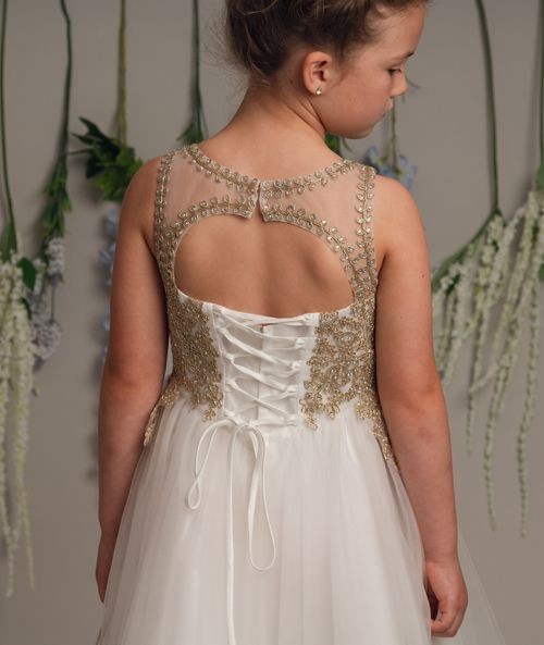 Robe en dentelle ivoire/or perlé pour fille - LINZI