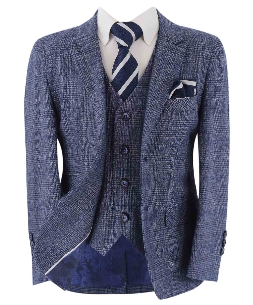 Boys Tweed Check Blue Suit - GRAHAM - Blue