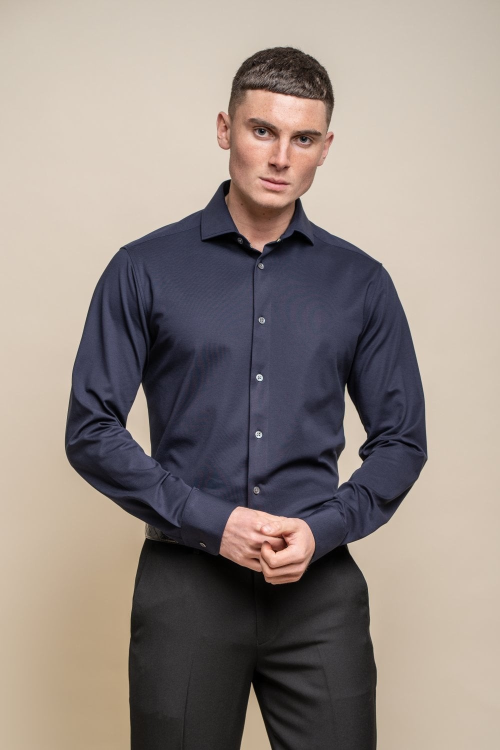 Chemise ajustée en coton à manches longues pour hommes - ASHLEY - Bleu marine