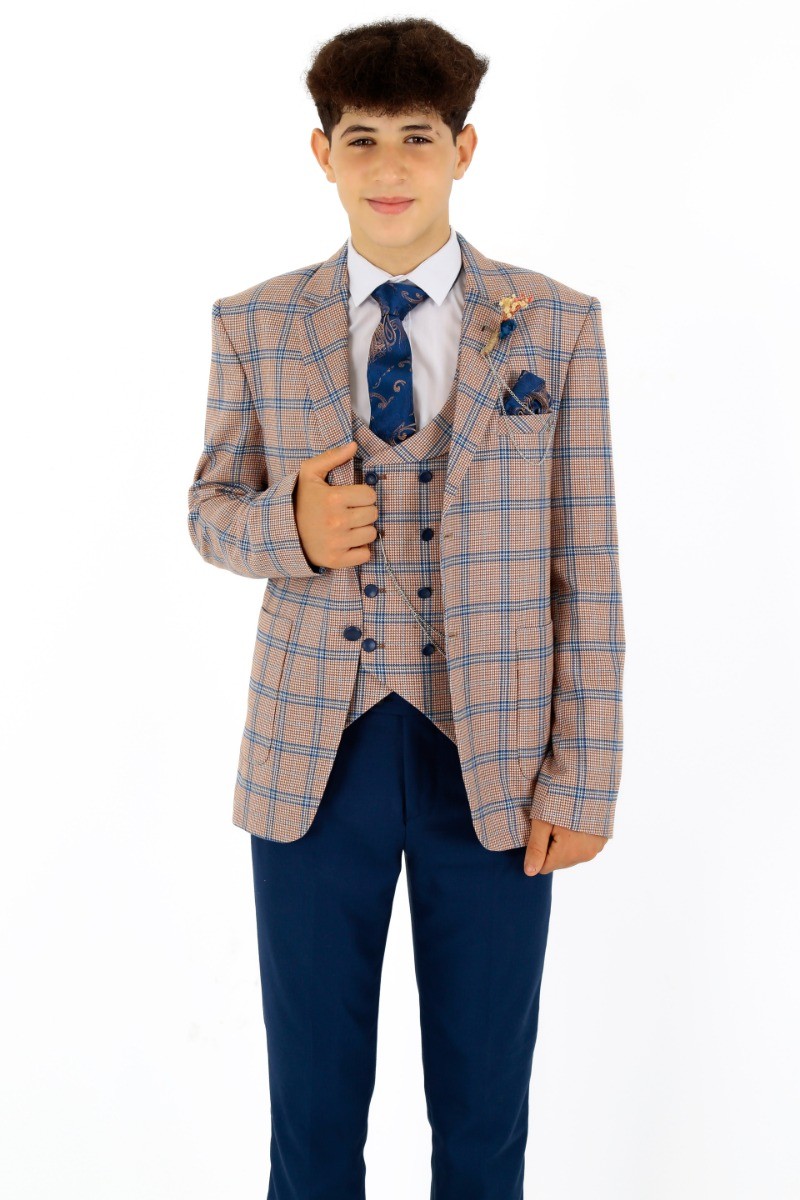 Boys Windowpane Check Slim Fit Suit - Peach - Navy Blue