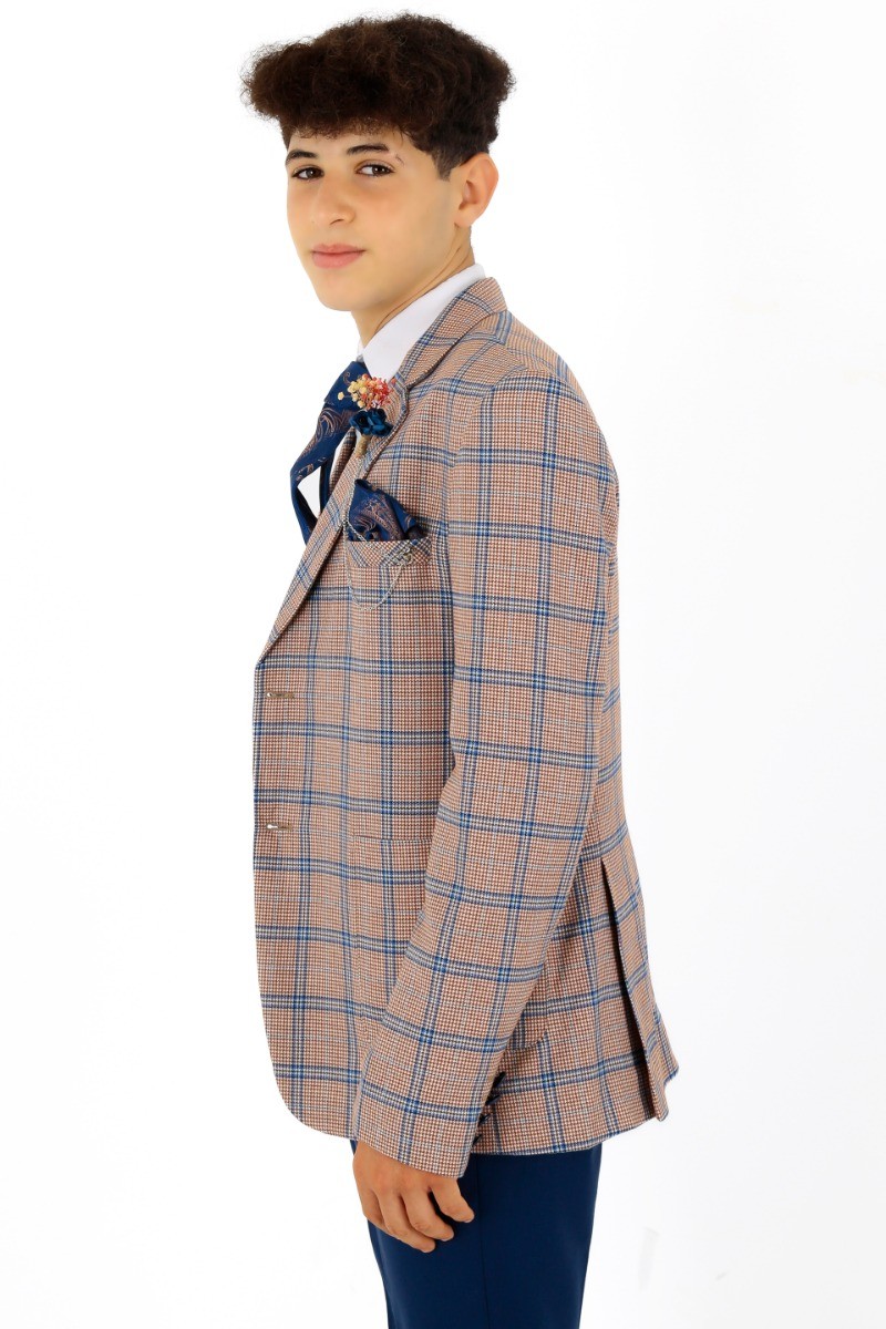 Jungen Slim-Fit Anzug mit Fensterkaro - Pfirsich - Marineblau