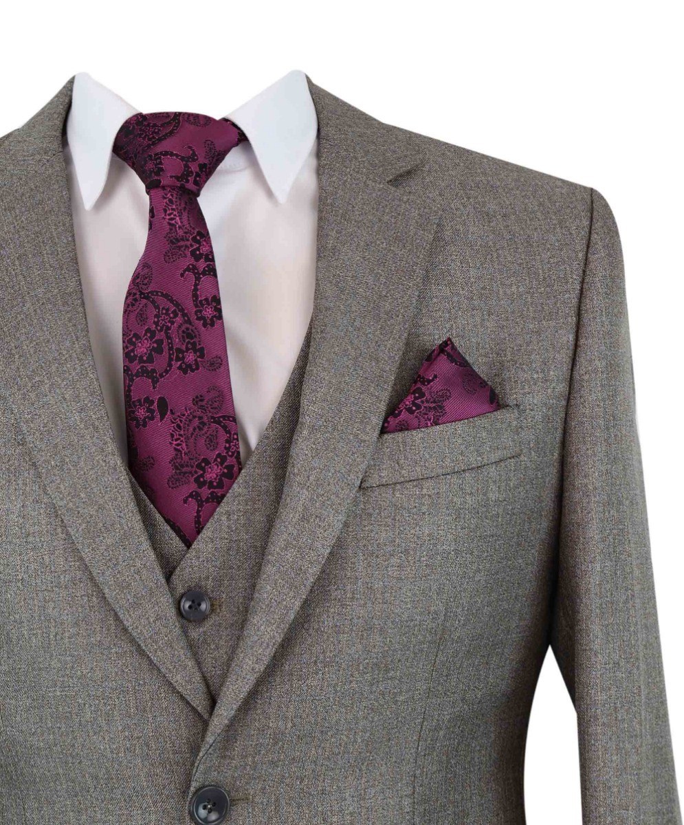 Men's Textured Tailored Fit Suit - ADRIAN - Dunkelbeige