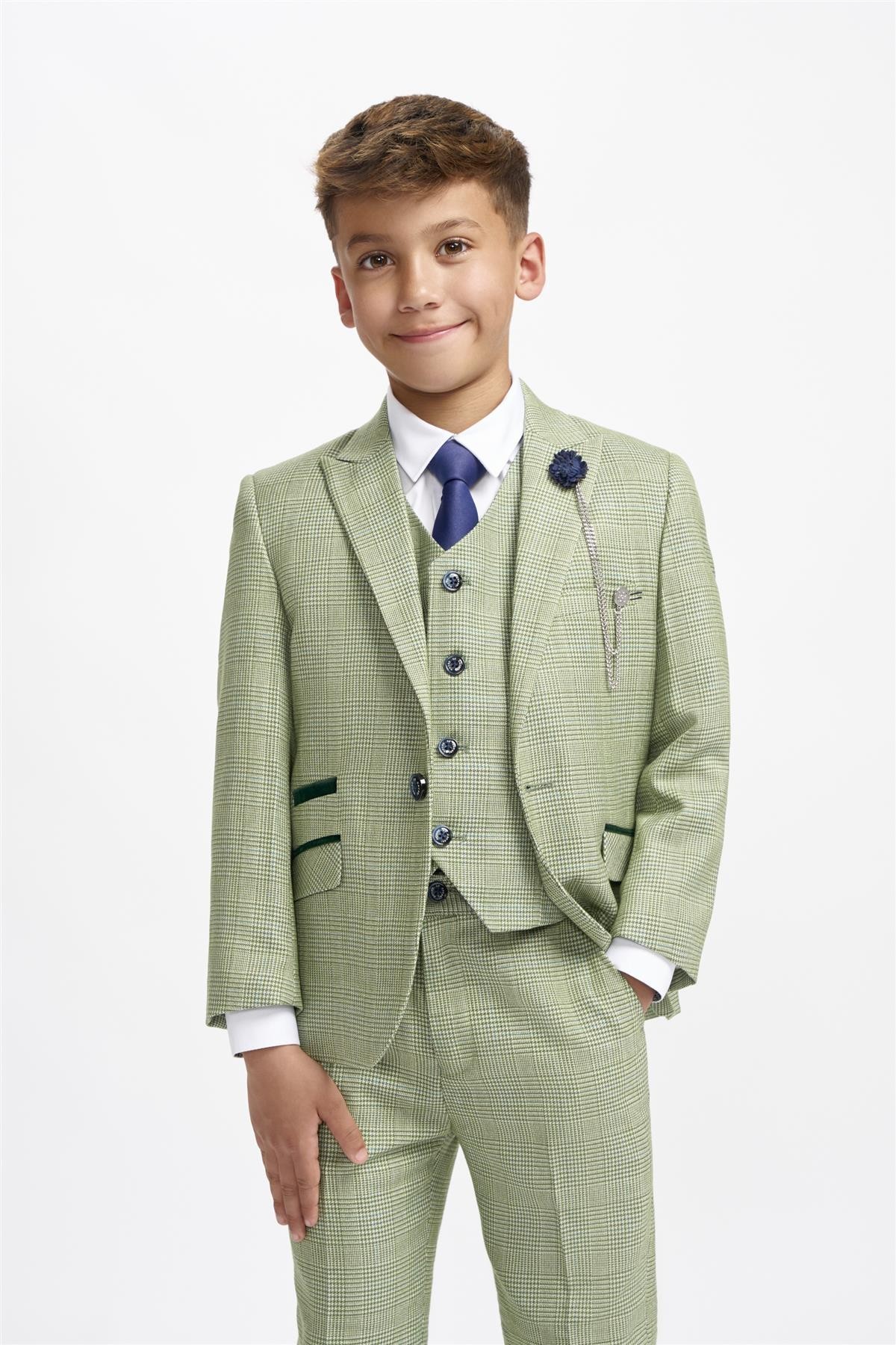 Boys Slim Fit Tweed Check Suit - CARIDI - Sage Green