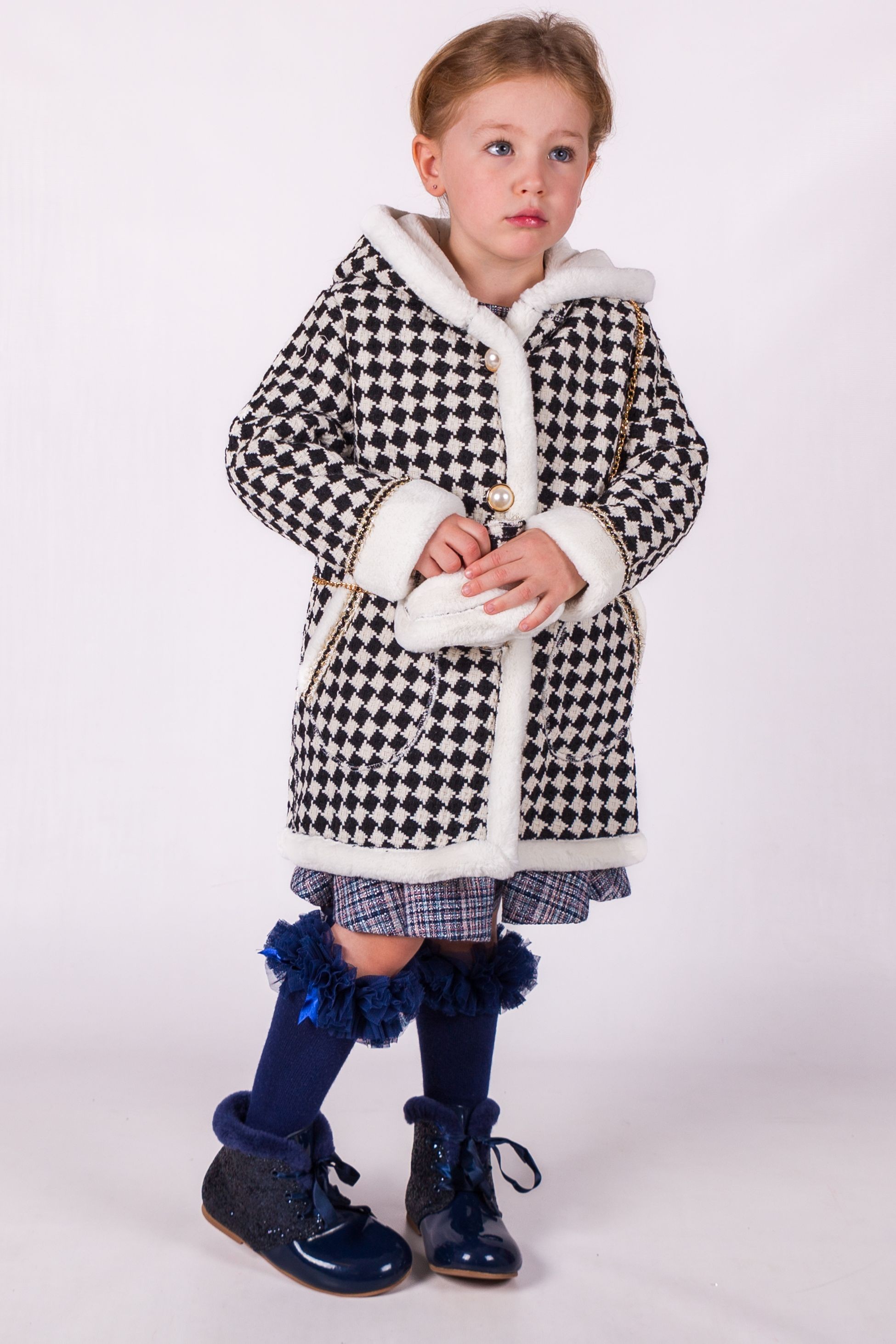 Girls' Cream & Black Hooded Houndstooth Coat & Handbag