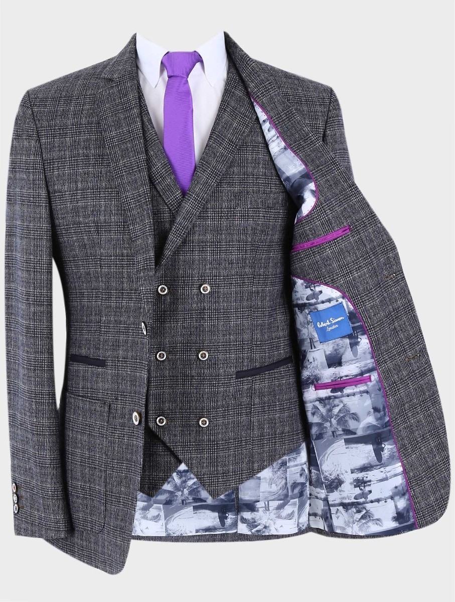 Blazer ajusté à carreaux en tweed gris pour hommes - COSTELLO