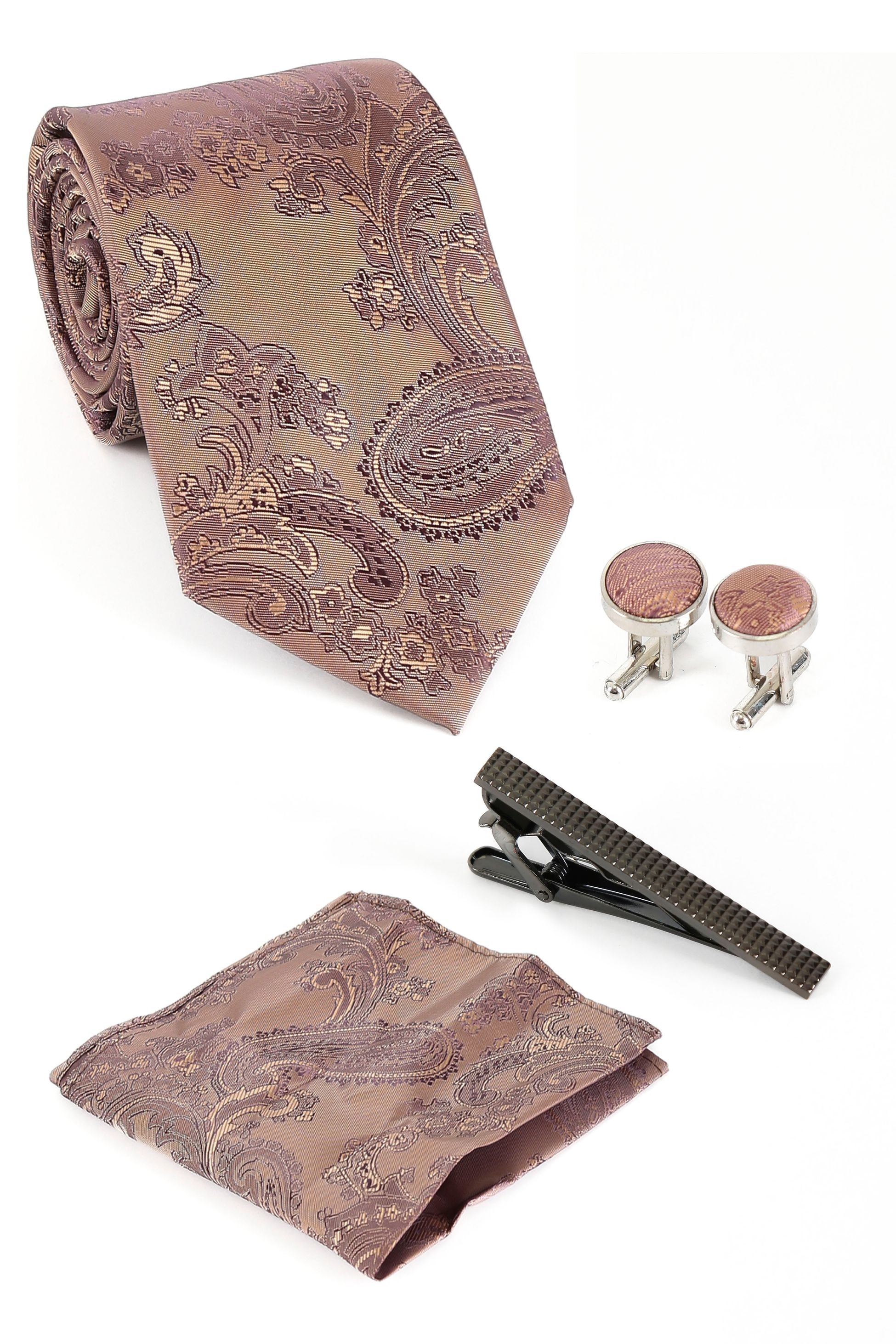 Ensemble cravate paisley et boutons de manchette pour hommes - Brun clair