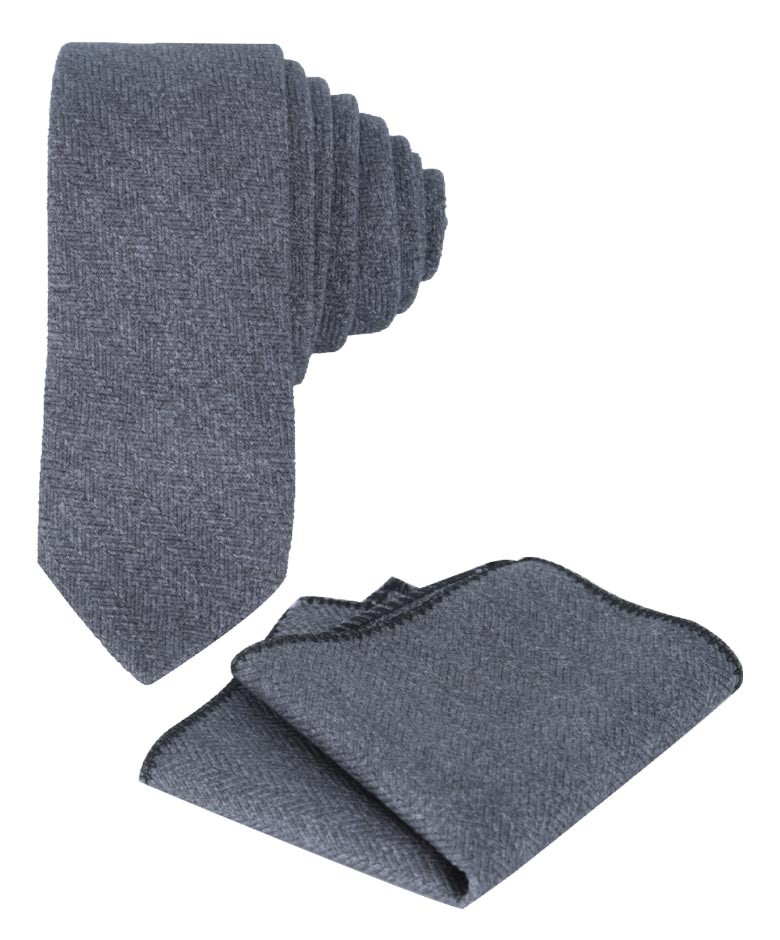 Boys & Men's Herringbone Tweed Tie & Pocket Square Set - Gray
