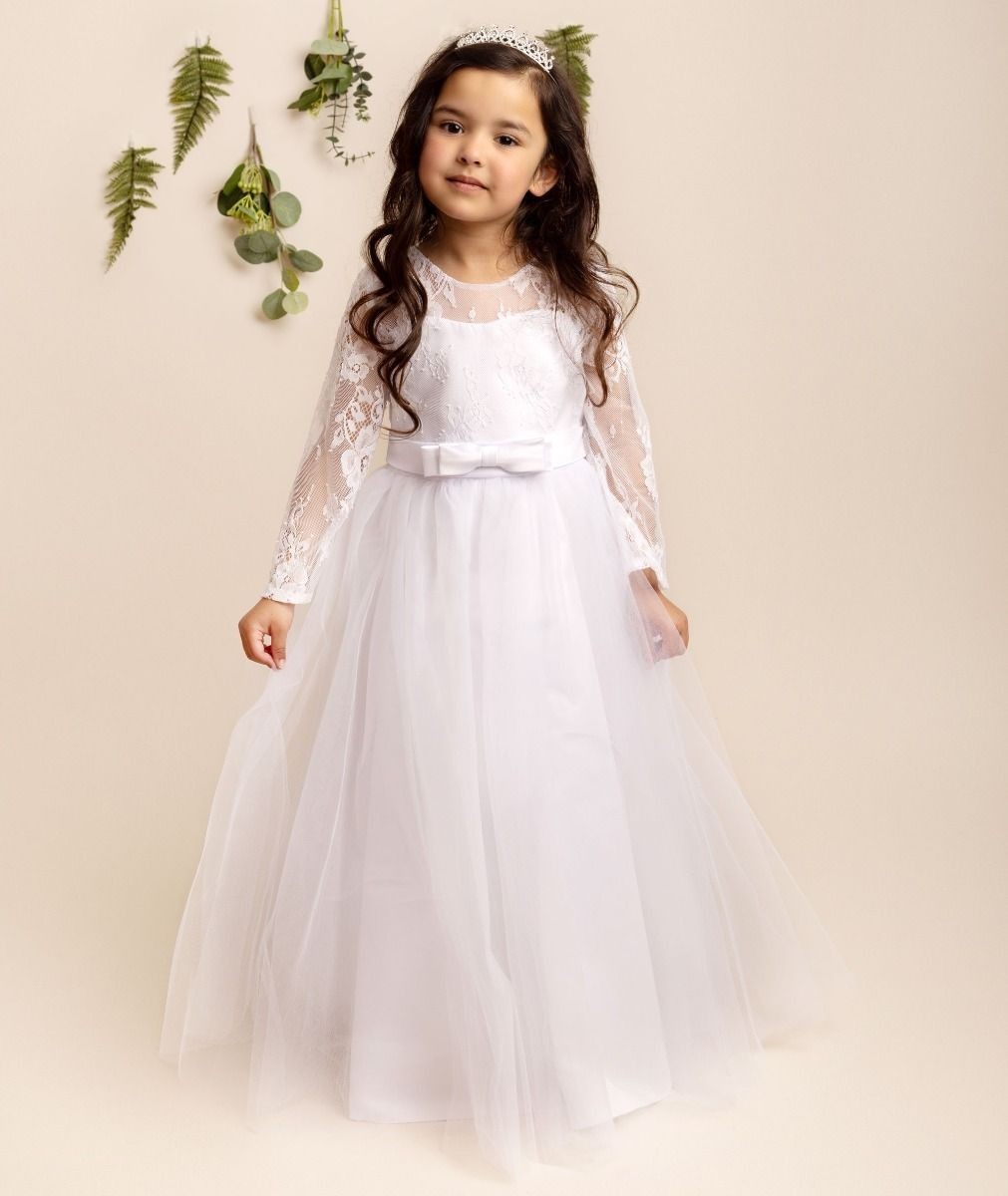 Girls Long Sleeves Lace White Tulle Dress - JADE