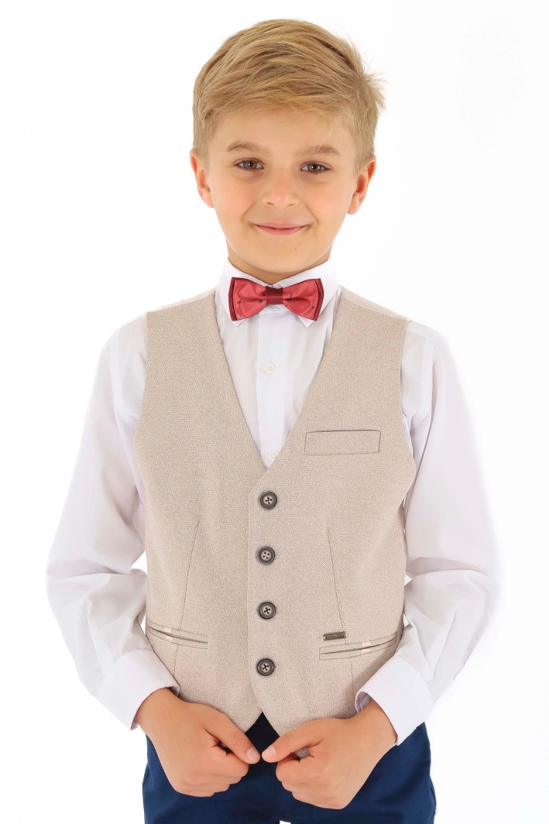 Jungen Baumwolle Slim-Fit Sakko und Westen Set - Frank - Beige