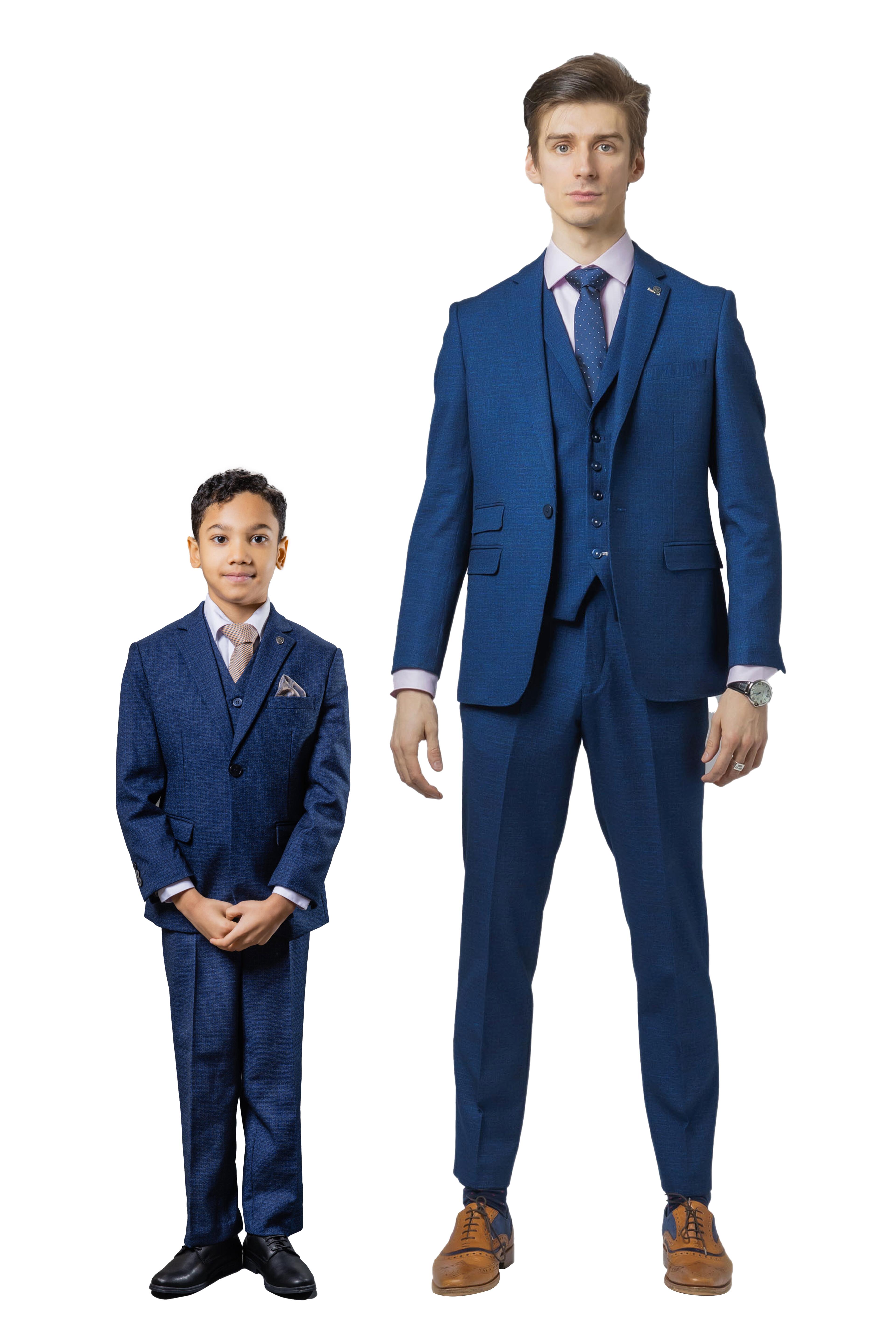 3-teiliges Slim-Fit-Anzugset für Jungen mit selbstgemustertem Muster in Indigoblau