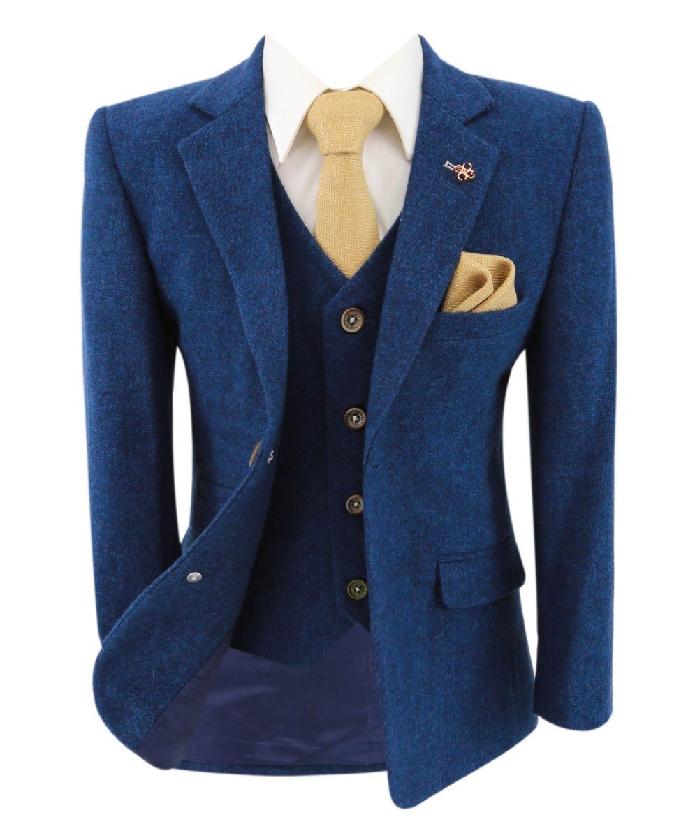 Boys Tweed Wool Blend Slim Fit Blue Suit - ORSON