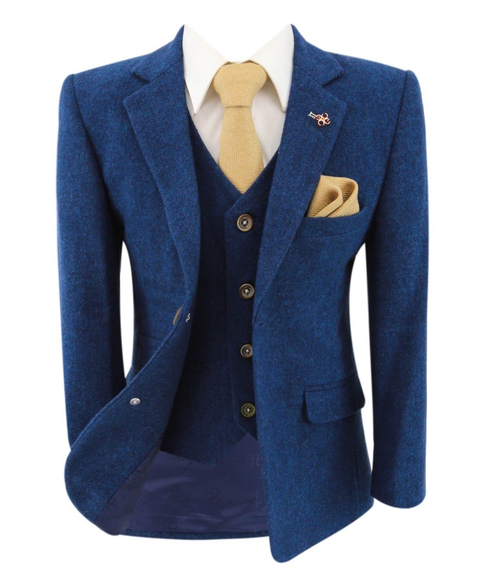 Costume bleu ajusté en mélange de laine tweed pour garçons - ORSON - Bleu