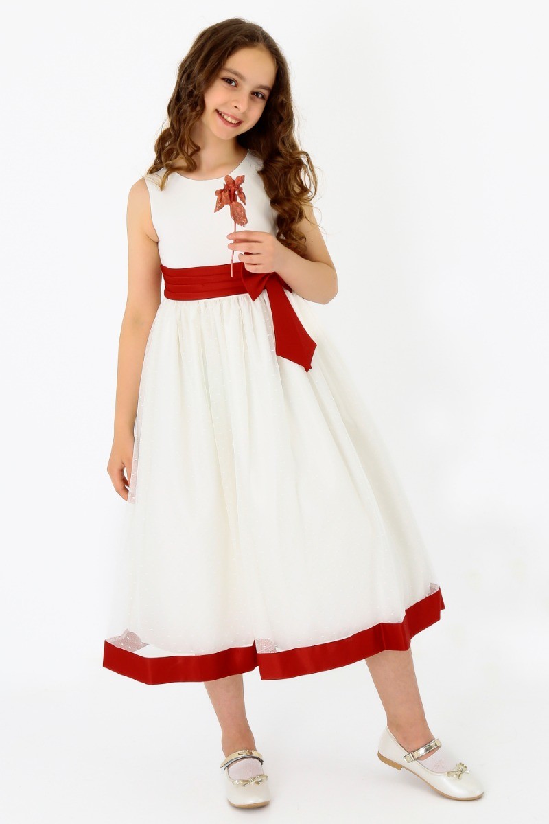 Robe de communion sans manches en tulle pour filles - Blanc rouge