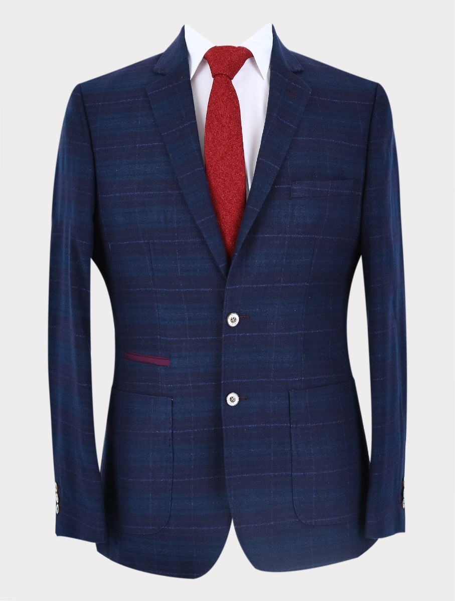 Men's Tweed Check Slim Fit Dark Blue Blazer - COSTELLO