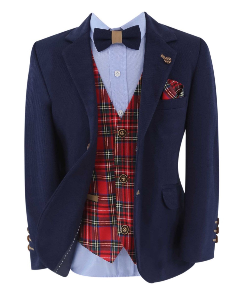 Boys Slim Fit Suit With Tartar check Vest Set - Navy Blue
