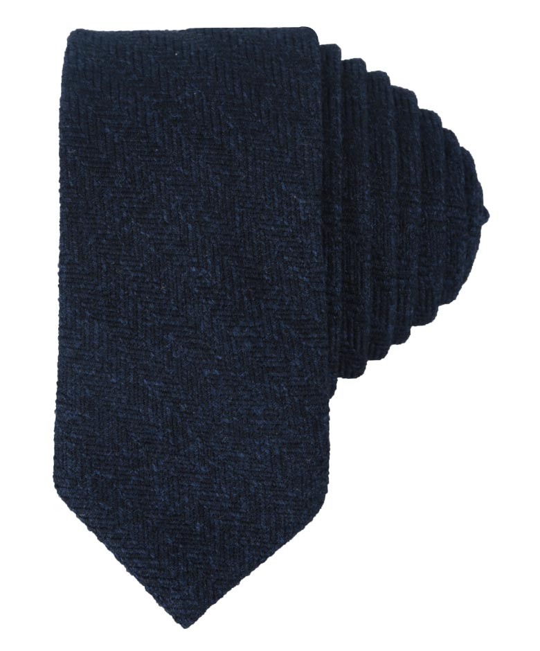 Schmale Tweed-Krawatte und Einstecktuch mit Fischgrätenmuster für Herren und Jungen - Navy blau