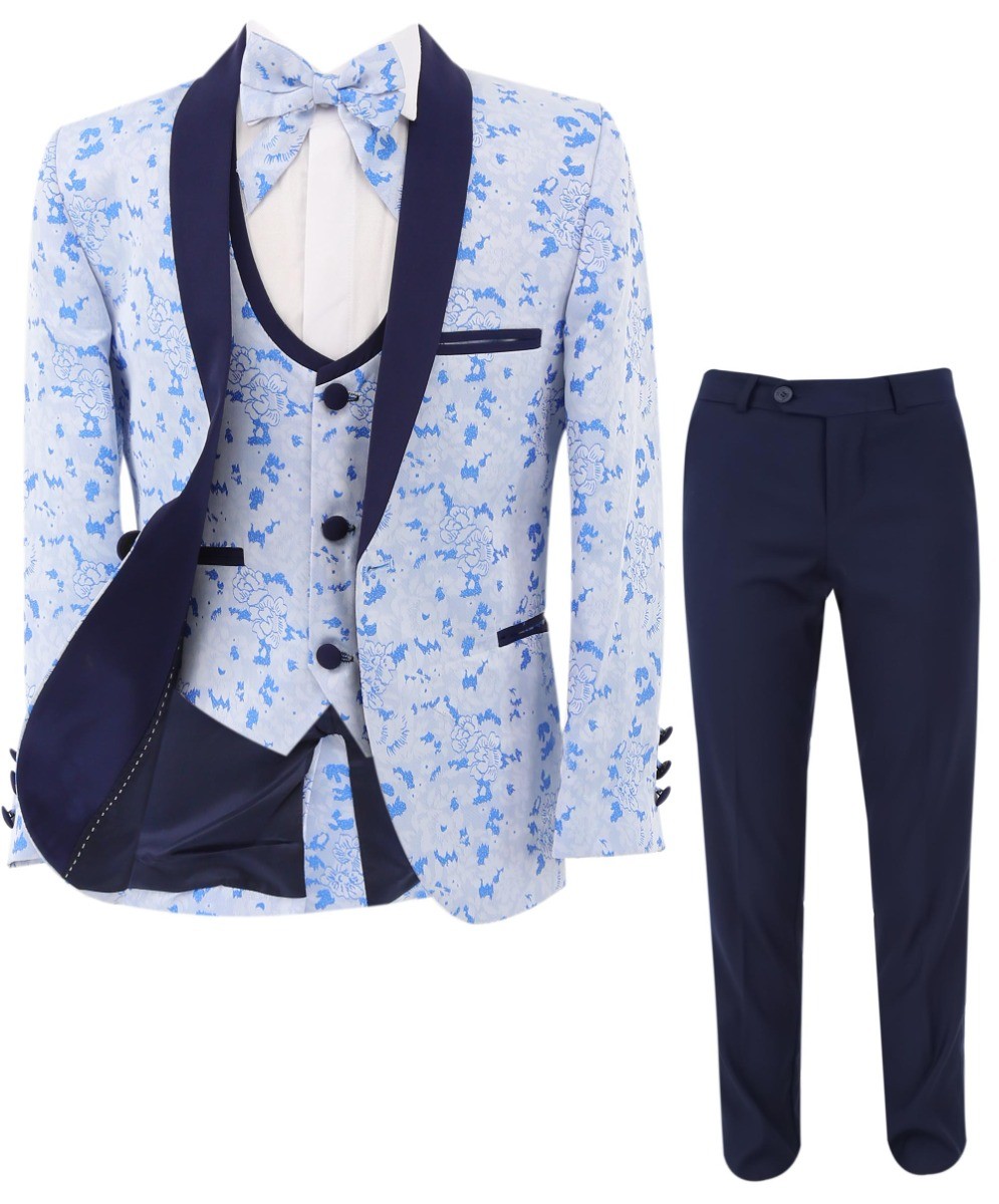 Jungen Slim Fit Blaues Tuxedo-Anzug-Set mit Blumenmuster