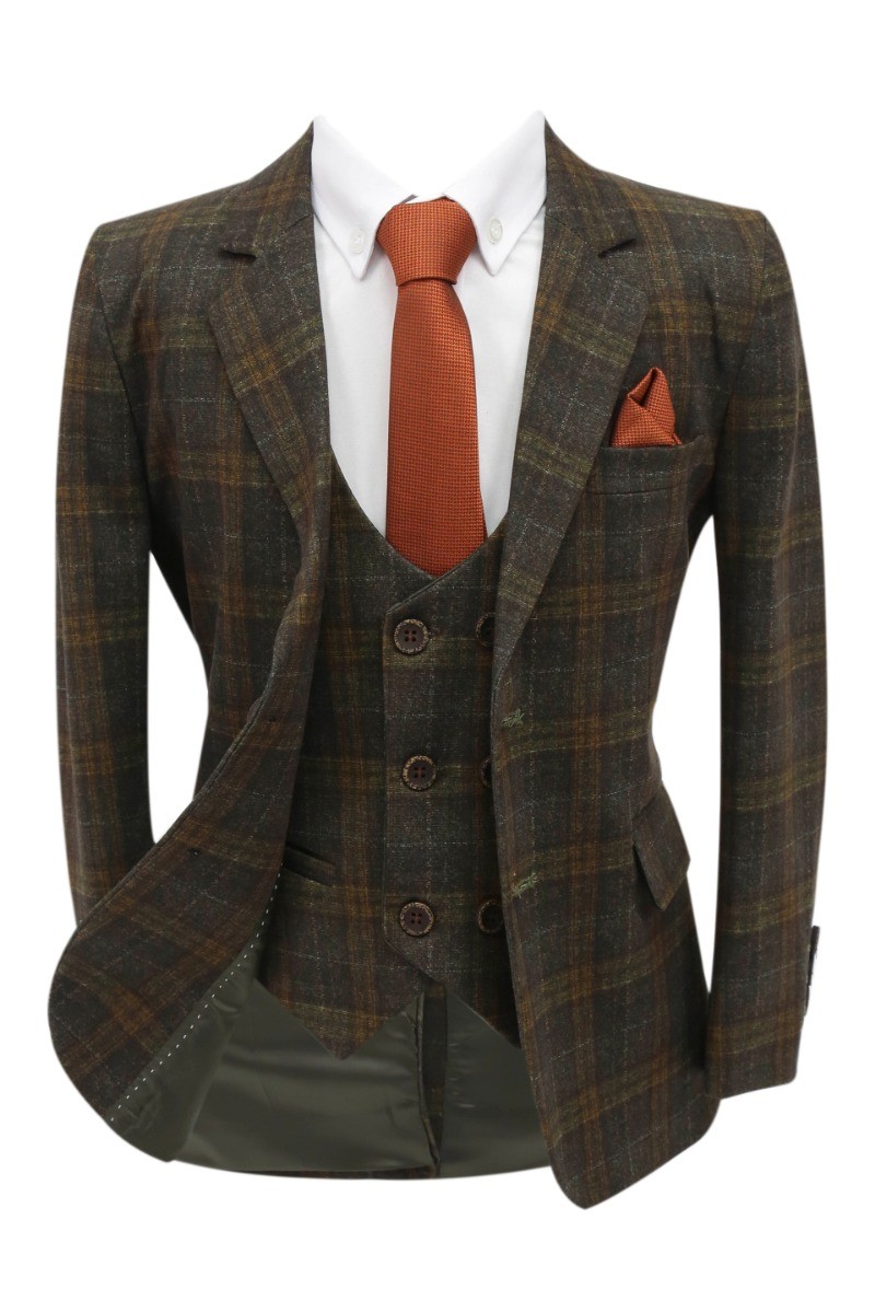 Boys 7 Pieces Check Plaid Suit Set - Brown