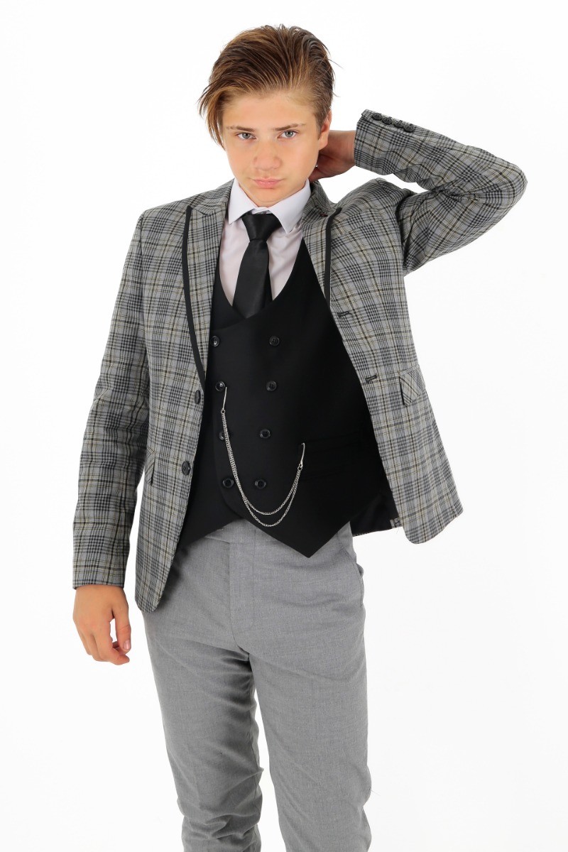 Dreiteiliger Slim-Fit-Anzug mit kariertem Karomuster für Jungen - Grau