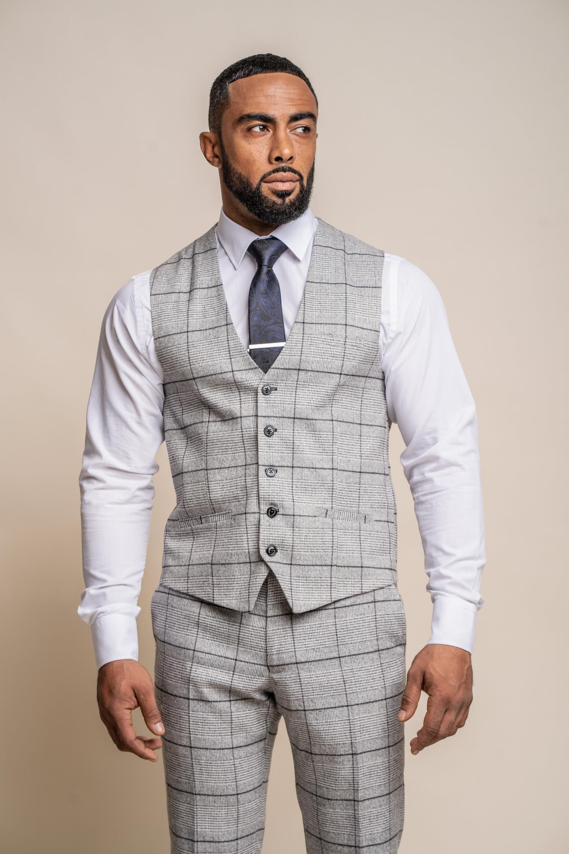 Men's Tweed Windowpane Check Vest - GHOST Grey