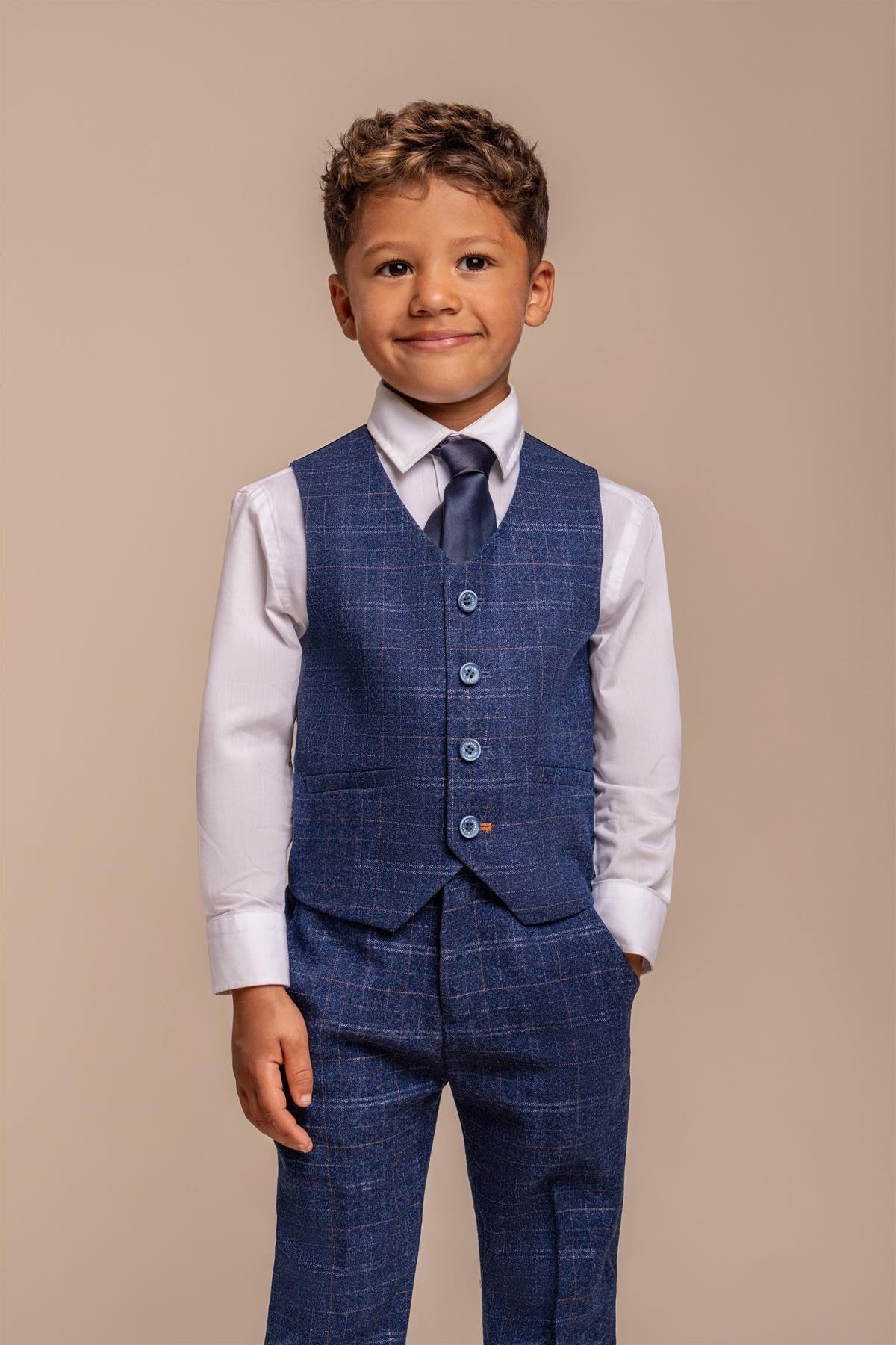 Boys Tweed Check Navy Slim Fit Suit - KAISER - Navy Blue