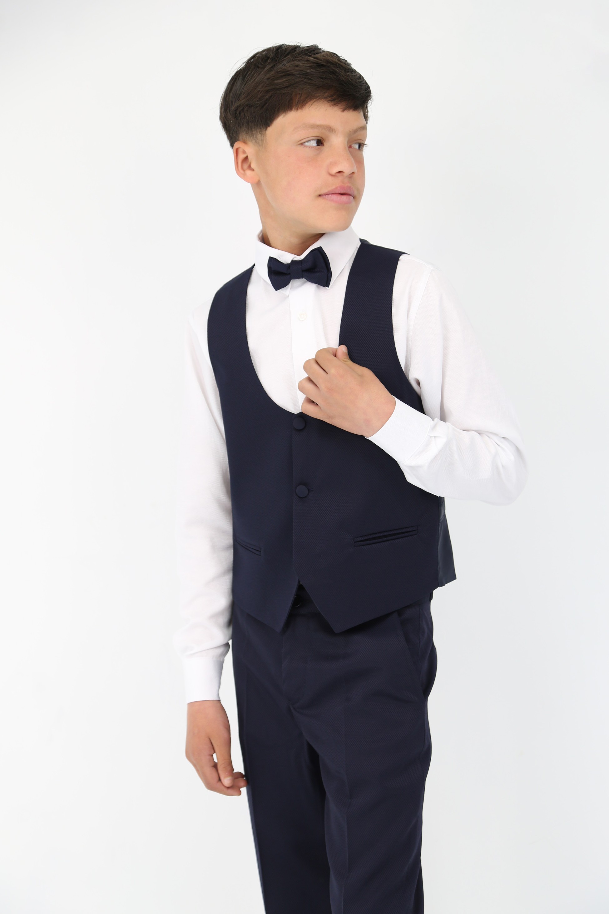 Jungen Satin Schal Revers Selbstgemustertes Smoking Anzug, 6-teiliges Set - Navy