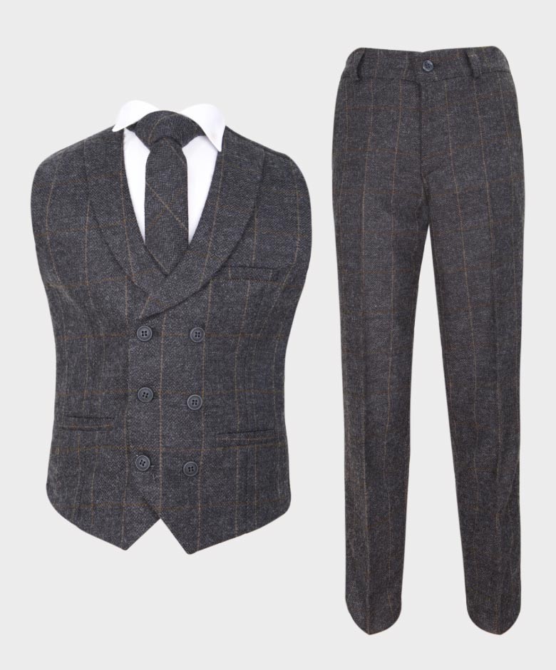 Boys Herringbone Check Double-breasted Vest Suit Set