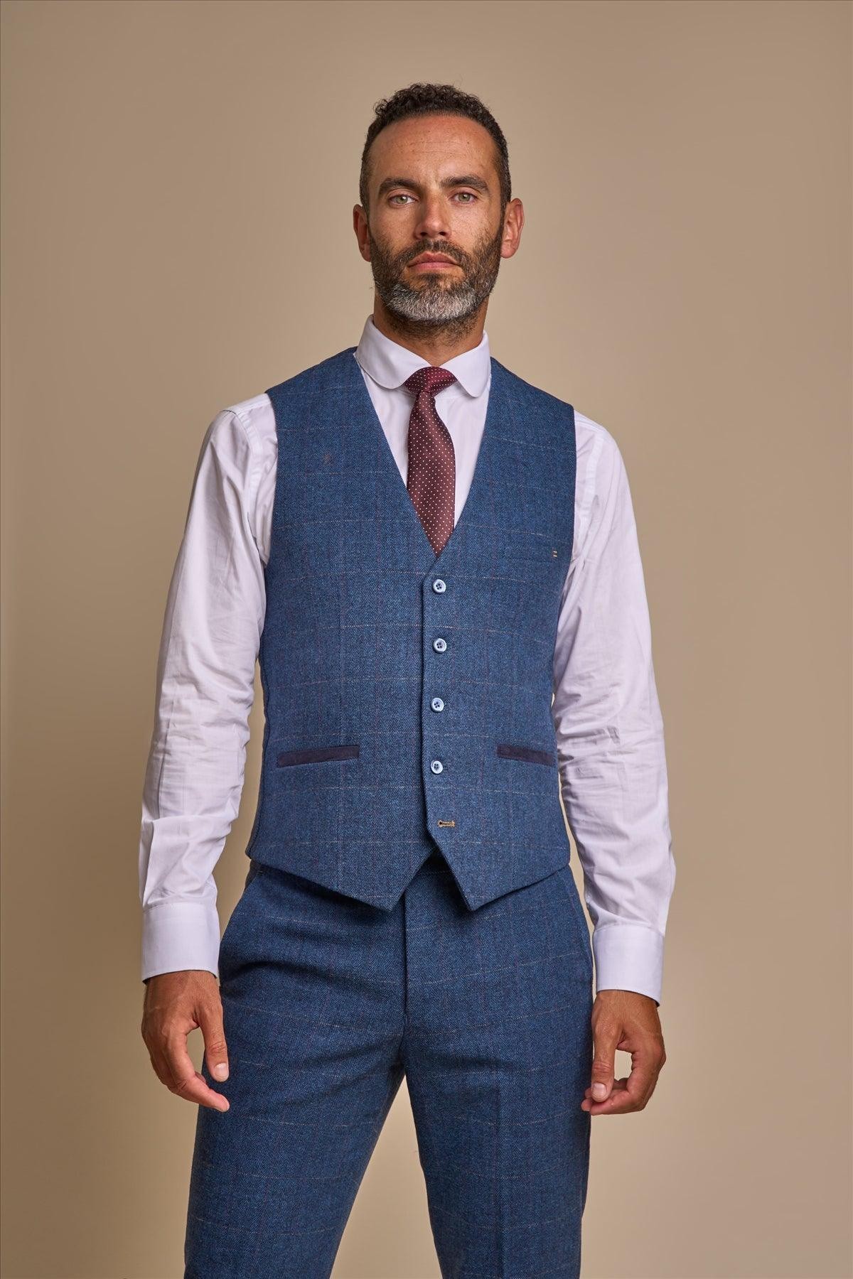 Men's Slim Fit Herringbone Tweed Suit Waistcoat - CARNEGI