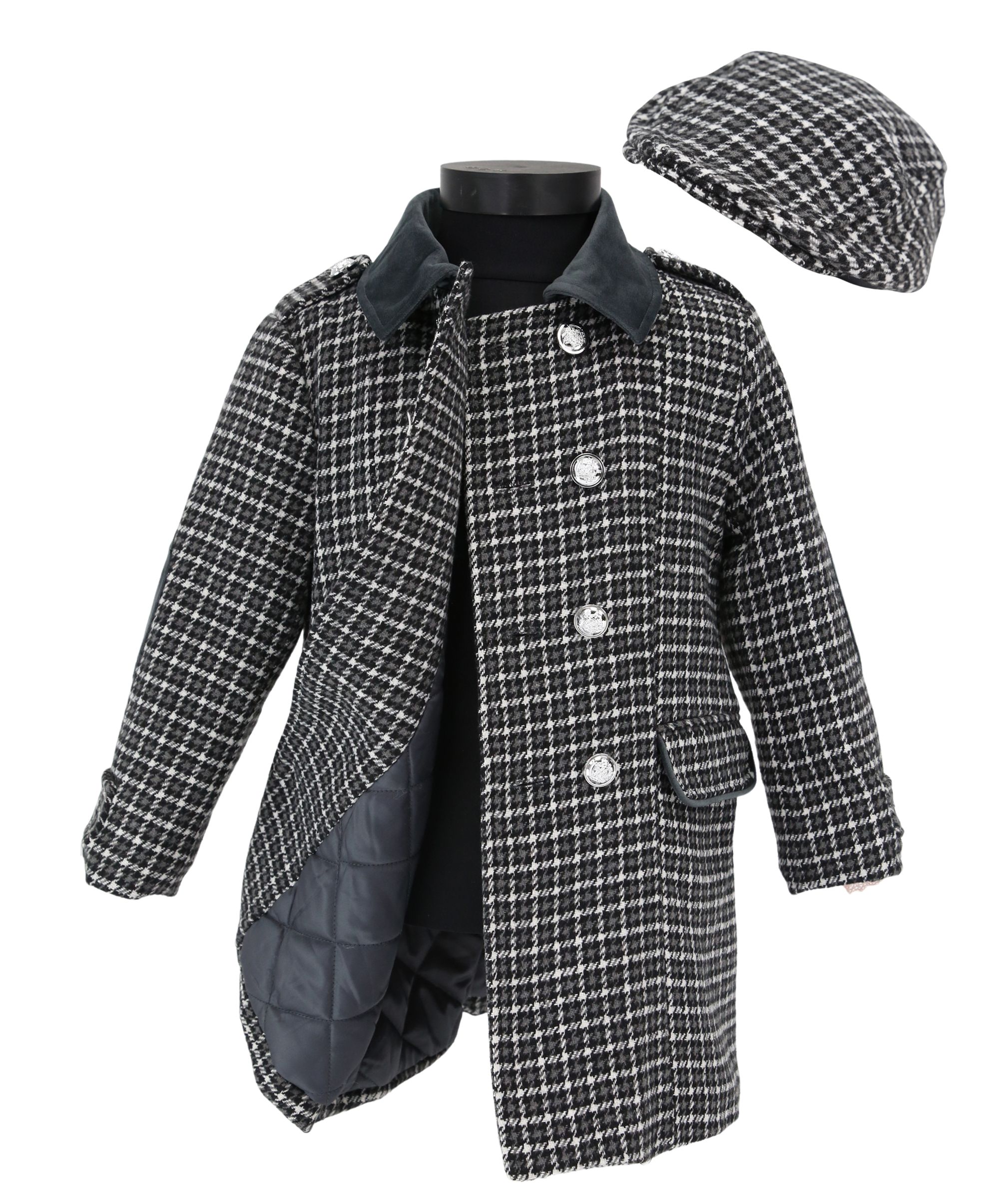 Zweiteiliger Erbsenmantel aus Tweed mit Hahnentrittmuster für Jungen und passender Mütze – perfekt für den Winter. - Grey