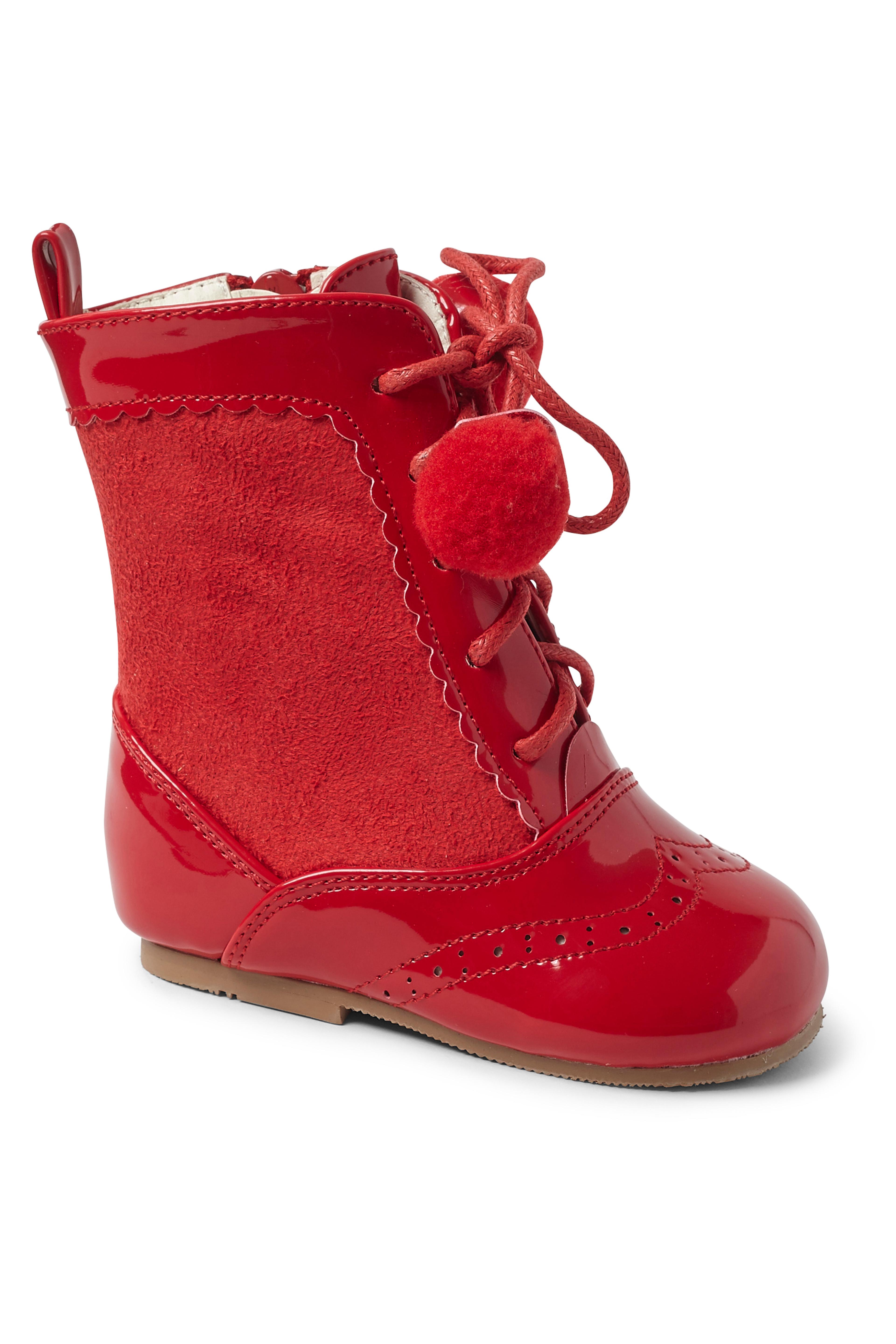 Kids Patent Leather Sienna Brogue Boots with Lace-Up and Pom-Pom Details, Unisex Classic Footwear - Red