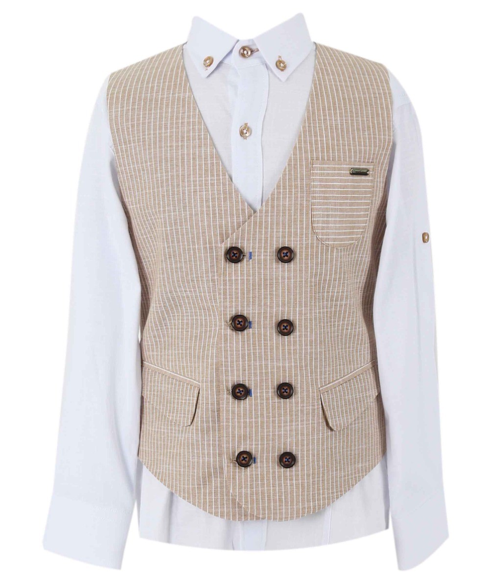 Boys Cotton Linen Pinstrip Vest Suit Set - Beige