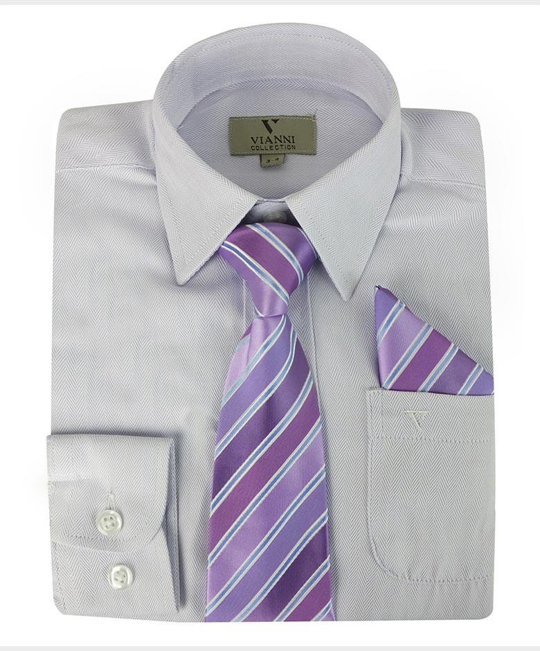 Boys Cotton Blend Long Sleeve Shirt, Tie & Hanky Set - Lilac -Patterned Tie