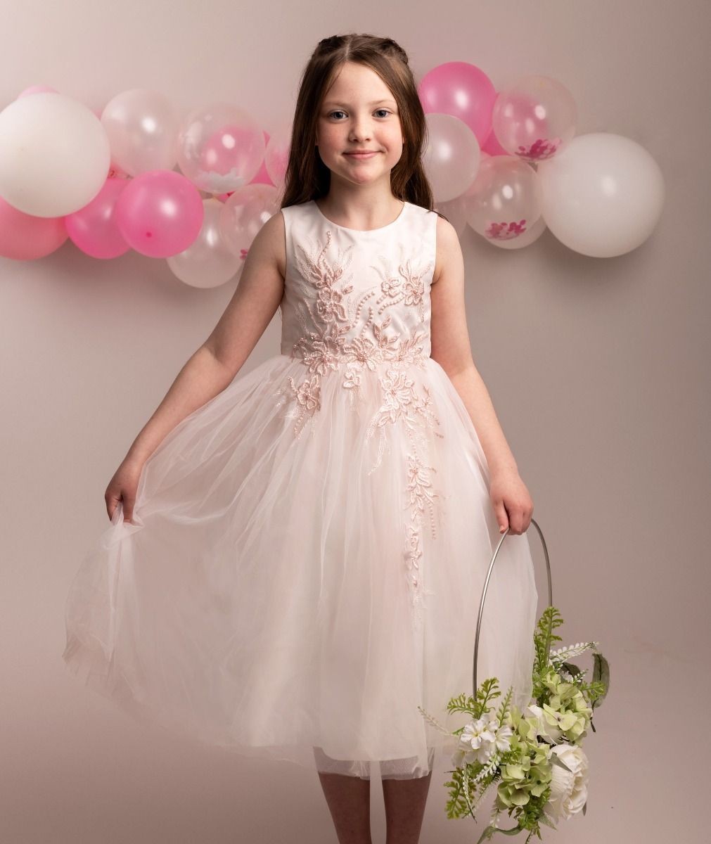 Girls Floral Embroidered Dress with Tulle Skirt - NYRA